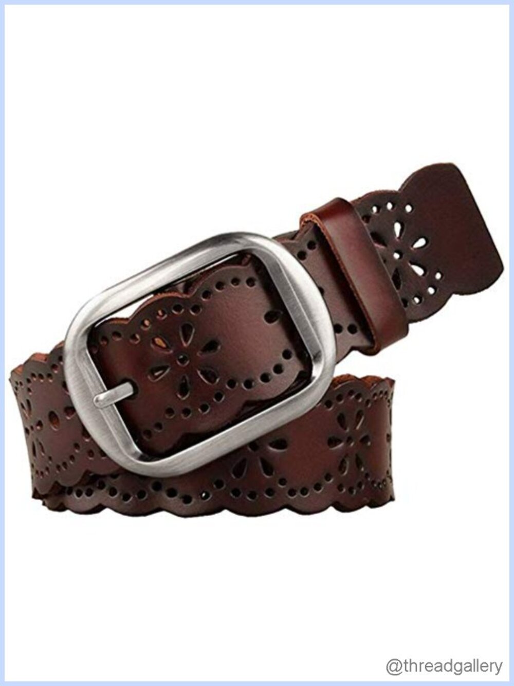 Women's Genuine Leather Wide Belt Floral Hollow Buckle Jeans Pants